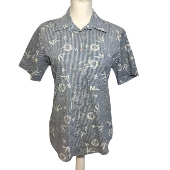 Cabin Creek Blouse Womens S Blue Floral Stripe Short Sleeve Made in USA - Picture 3 of 12